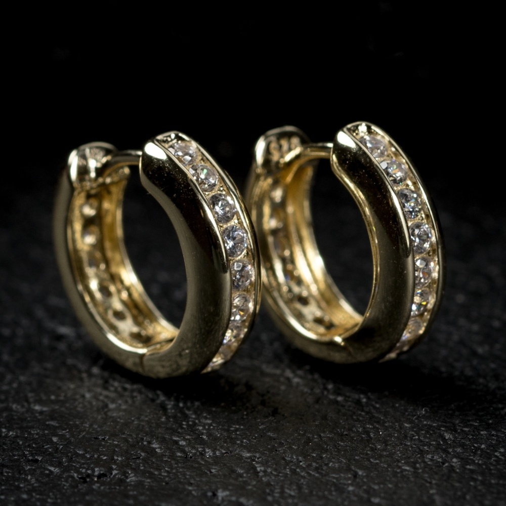 Men's Small Gold One Row Iced Cz Hoop Earrings - Picture 1 of 4